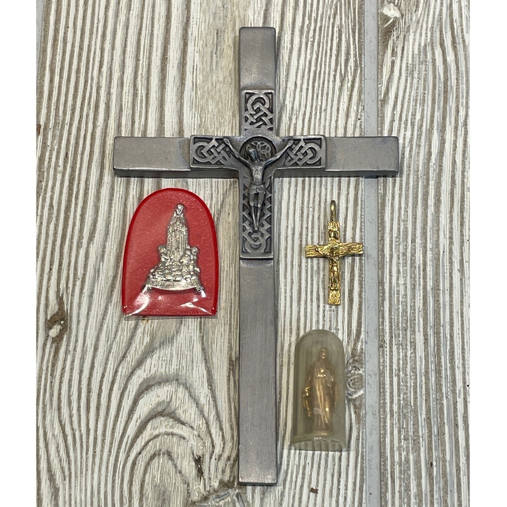 Vintage Catholic Devotional Lot Celtic Wall Crucifix Fatima Medal Mary Figurine
